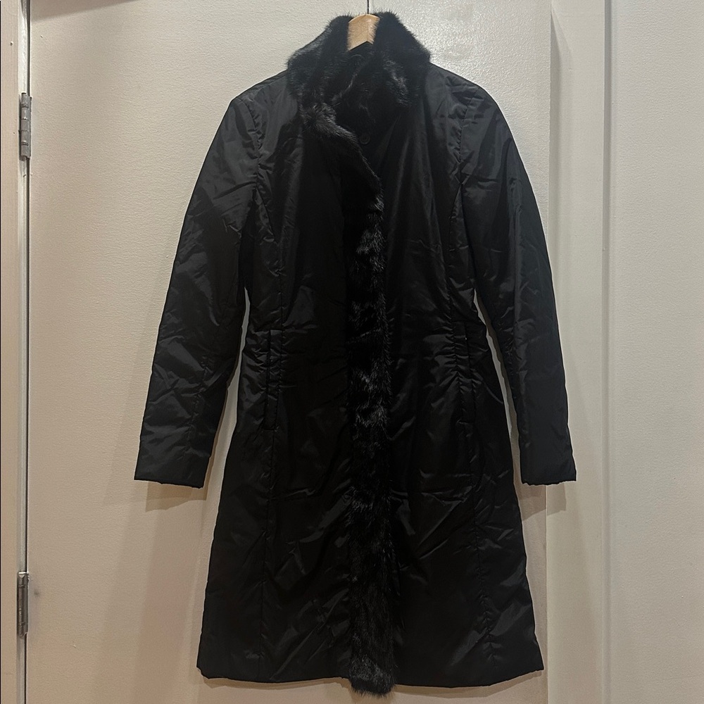 Vintage Black nylon Prada coat with mink fur detailing